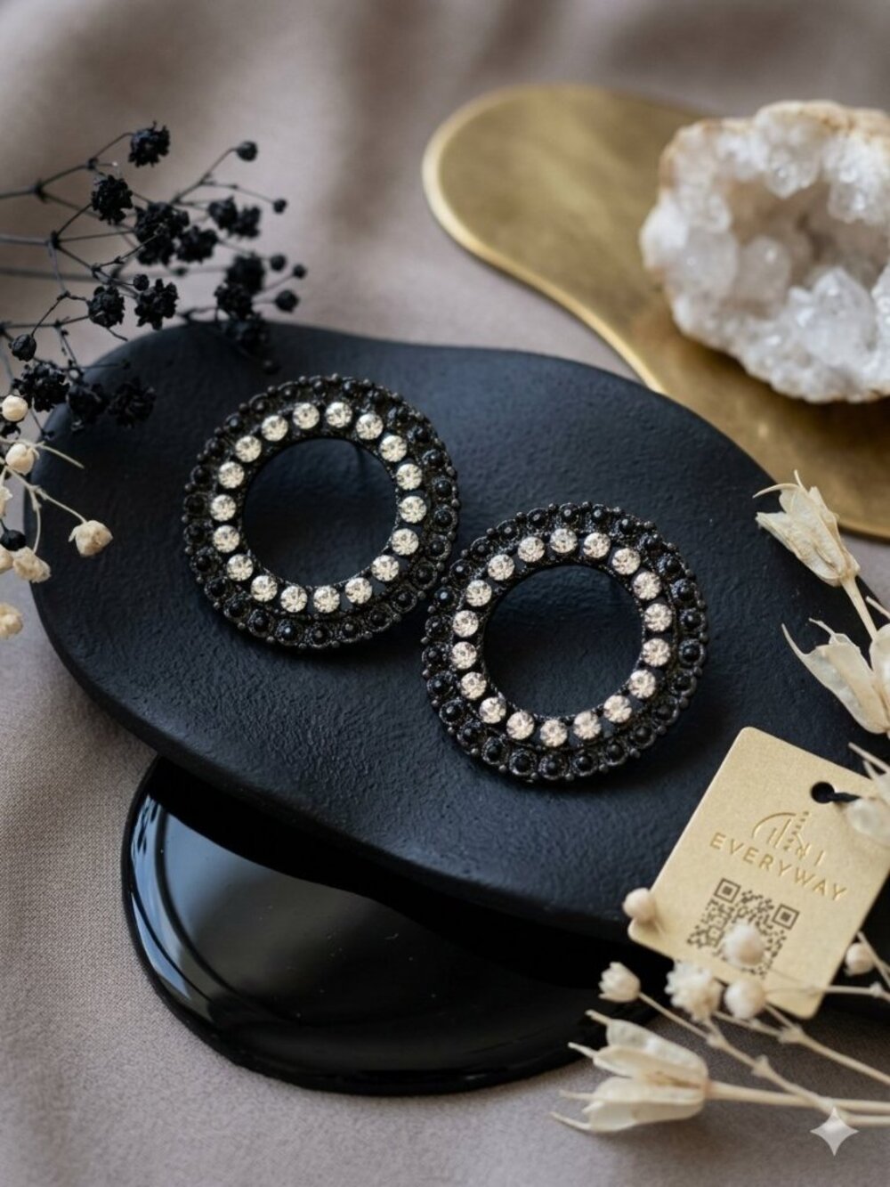 Black Round Statement Earrings Clear Crystal Rhinestone